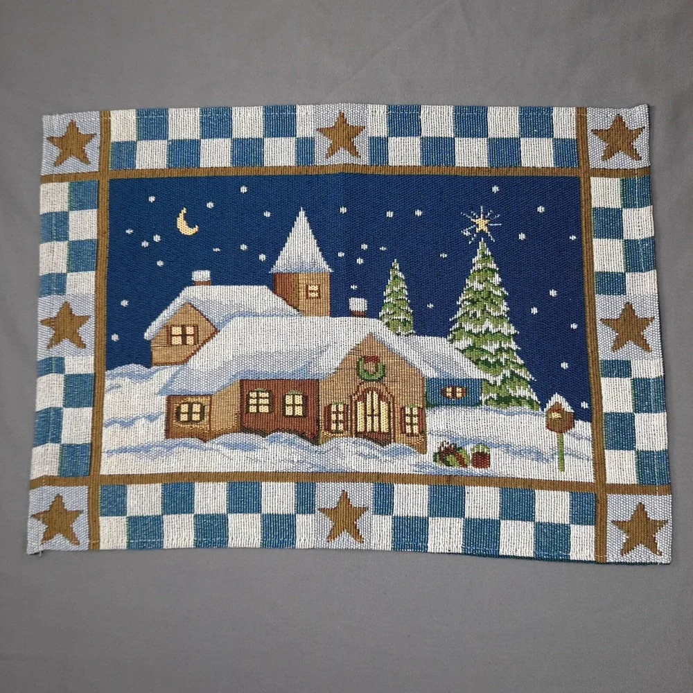 4 Christmas Tapestry Placemats Church Winter Moon Stars Country Cottagecore 90s
